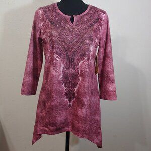 One World Studded 3/4 Sleeve Blouse Tunic Size Small